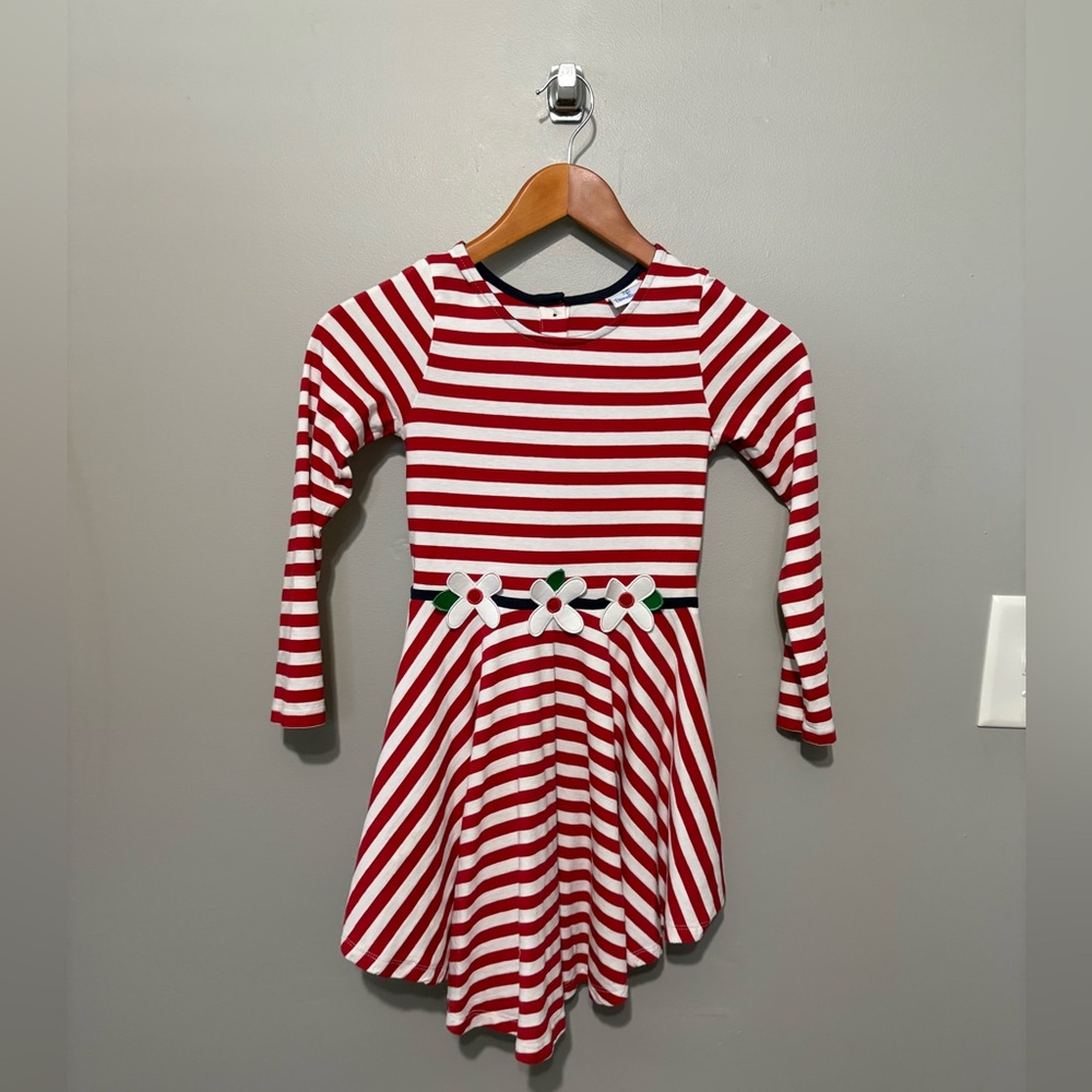 FLORENCE EISEMAN Red Stripe Long Sleeve Swing Dress Tie Back 3D Floral Accents